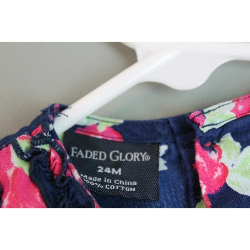 Faded Glory Baby Toddler Dress Navy Blue Pink Rose Sleeveless Size 24M